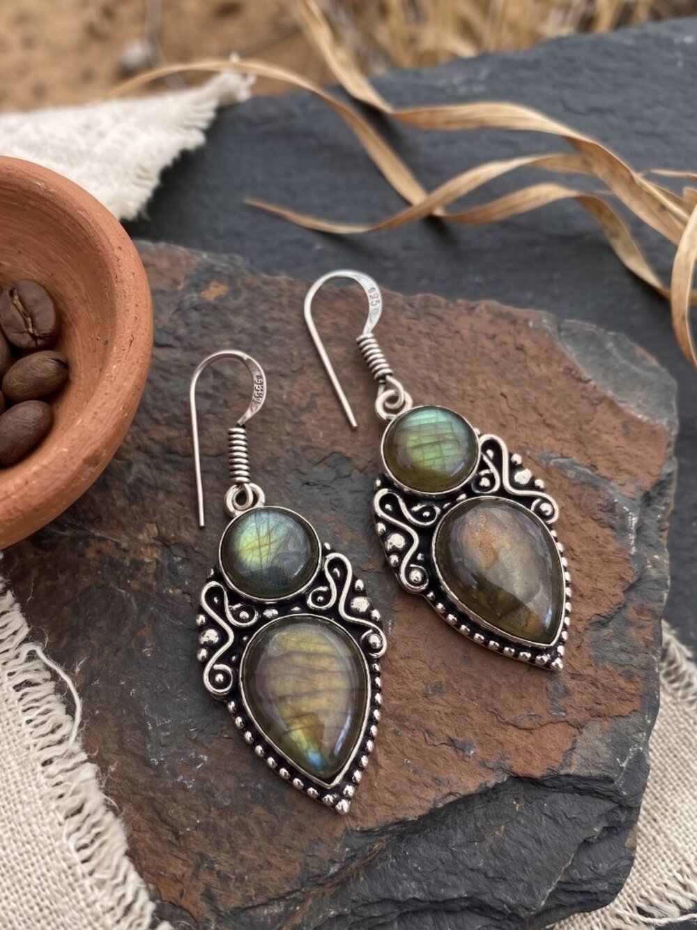 Labradorite Dangle Drop Earrings 925 Sterling Silver Bohemian Whimsigoth 1.95"L